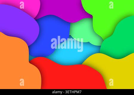 Fond abstrait vibrant avec des formes organiques colorées et des blobs qui se chevauchent. Les ombres douces créent de la profondeur. Design ludique. Illustration de Vecteur