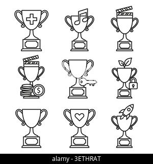 L'ensemble d'icônes vectorielles noires de tasse de trophée présente un succès professionnel. La collection Achievement visualise une récompense de victoire d'entreprise moderne. spe 10 Illustration de Vecteur