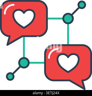 Icône de deux bulles de discours avec des coeurs reliés par des lignes et des nœuds, représentant la connexion sociale, la communication relationnelle et le réseautage. Illustration de Vecteur