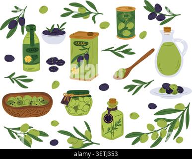 Produits biologiques à l'olive. Fruits méditerranéens. Baies marinées et séchées. Bouteille d'huile extra vierge. Bocaux en fer blanc et en verre. Ingrédients végétariens. Vert Illustration de Vecteur