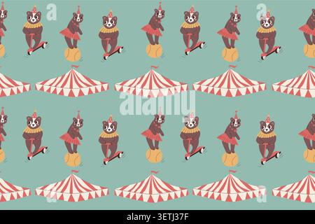 Ours de cirque et motif de bordure sans couture de tente. Illustration vectorielle de dessin animé rétro avec animal bébé mignon. Illustration de Vecteur