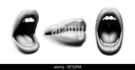 Halftone bouche Lips collection expressions embrassant, esthétique pop art monochrome, fond isolé de conception de motif pointillé audacieux Illustration de Vecteur
