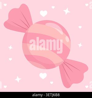 Mignon bonbon enveloppé pastel rose avec des coeurs et des étoiles sur un fond doux. Illustration vectorielle romantique douce idéale pour la Saint-Valentin, carte de voeux Illustration de Vecteur