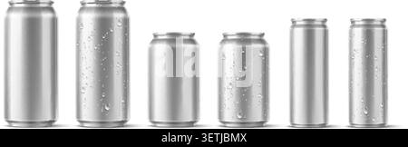 Boîtes contenant des gouttelettes de condensation. Récipients métalliques réalistes pour boissons froides. Nettoyer les bouteilles métalliques. Emballage 3D avec gouttelettes d'eau. Bocaux en aluminium f Illustration de Vecteur