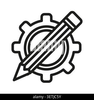 L'icône vectorielle noire de l'outil d'édition Pencil Gear présente une mécanique linéaire créative. Le processus de personnalisation du développement permet de visualiser la progression du dessin technique Illustration de Vecteur