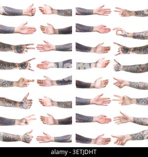 Homme montrant ses mains tatouées, gros plan. Ensemble de gestes sur fond blanc Banque D'Images