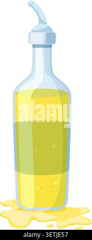 Dessin vectoriel d'un cruet d'huile de cuisine rempli de liquide jaune sur un fond de flaque renversé. Illustration de Vecteur