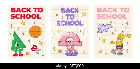 Affiches rétro de retour à l'école avec des personnages de dessin animé groovy sur fond de feuille de papier. Bannières vectorielles colorées avec des mascottes heureuses, rapporteur drôle et crayon avec des visages, triangle joyeux Illustration de Vecteur