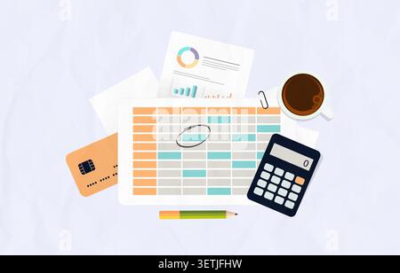 Système de gestion des dépenses avec rapports de dépenses, suivi des remboursements et contrôle des dépenses de l'entreprise. Surveillez les dépenses d'entreprise, examinez les dossiers financiers et gérez l'illustration vectorielle des coûts. Illustration de Vecteur