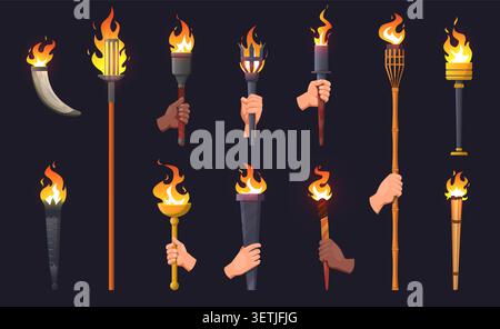 Des mains humaines tenant d'anciennes torches enflammées. Lanterne en bois médiévale. Sources lumineuses en pierre et en métal avec des flammes. Symbole de compétitions athlétiques. Victoire Illustration de Vecteur
