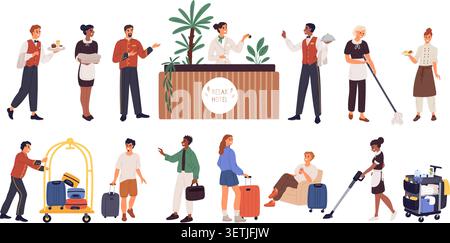 Clients ou personnel de l'hôtel. Visiteurs avec des bagages s'enregistrant dans les chambres. Personnes assistant à l'enregistrement. Réceptionniste au bureau. Service d'hospitalité. Concierge Illustration de Vecteur