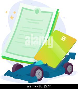Voiture de course avec document d'assurance et illustration vectorielle de carte bancaire. Prêt auto, paiement rapide de véhicule, achat de voiture et protection de transport sportif conc Illustration de Vecteur