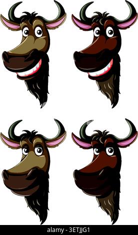 Quatre têtes de gnous de dessin animé avec différentes expressions faciales, contours audacieux et couleurs plates Illustration de Vecteur