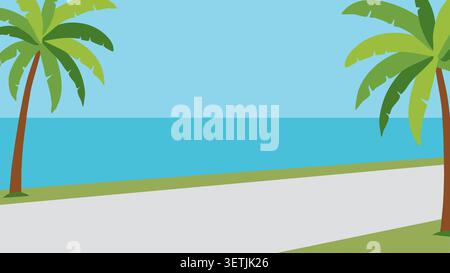 Paysage de plage tropicale avec palmiers et mer. Illustration vectorielle dans un style minimal plat. Fond de nature d'été pour la conception de voyage, bannières Illustration de Vecteur