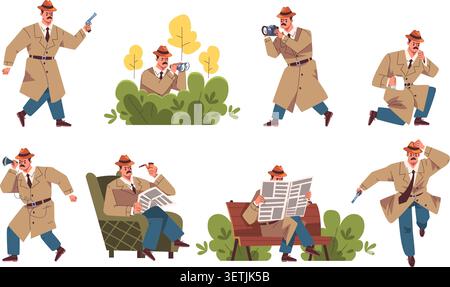 Détective. Enquêteur personnage de dessin animé poses, agent inspecteur de police espion agent moustache chapeau imperméable mince grossissant preuves criminelles illustration vectorielle classe illustration originale Illustration de Vecteur