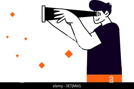 Illustration plate de l'homme regardant à travers le télescope, personne recherchant des opportunités avec spyglass, personnage observant les tendances futures de l'art vectoriel Illustration de Vecteur