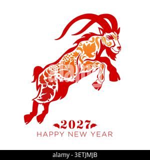 Emblème de chèvre rouge avec ornement végétal. Symbole du nouvel an 2027. Idéal pour les invitations, les dépliants d'événement, les illustrations d'horoscope, l'emballage Illustration de Vecteur