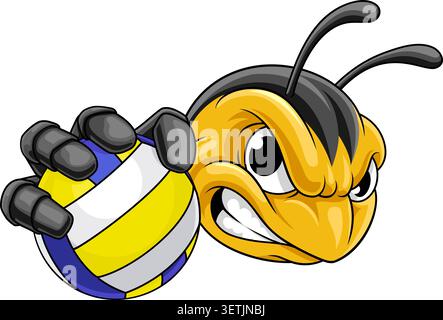 Un personnage de dessin animé mascotte d'une équipe sportive de volley-ball d'abeille, de frelon ou de guêpe tenant un ballon. Illustration de Vecteur