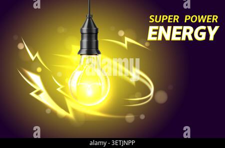 Bannière représentant une ampoule électrique. Modèle 3D réaliste d'une prise électrique avec ampoule vissée. Éclairs étincelants sur fond sombre. Électricité Illustration de Vecteur