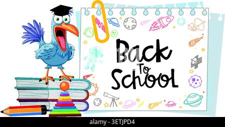 Un oiseau de dessin animé ludique se dresse sur des livres à côté d'un bloc-notes de rentrée scolaire sur le thème de l'espace. Illustration de Vecteur