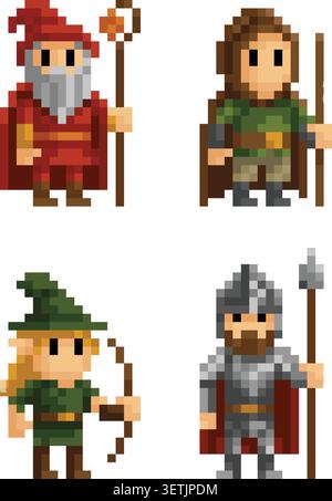 Un ensemble de différents aventuriers fantastiques classes des personnages de dessins animés dans un style d'art pixel sprite de jeu vidéo. Inclure assistant, guerrier, chevalier etc Illustration de Vecteur