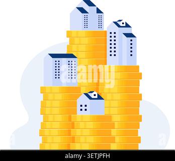 Vecteur conceptuel montrant des bâtiments modernes perchés sur des piles de pièces d'or, symbolisant la richesse et les biens immobiliers. illustration de stock. Illustration de Vecteur