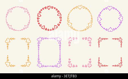 Collection colorée de cadres de coeur dessinés à la main. Modèle mignon Doodle Love Borders pour la carte de Saint-Valentin ou le mariage. Illustration de Vecteur