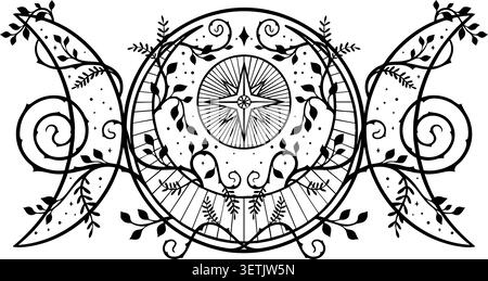 Mandala symétrique noir et blanc avec un design triple lune avec une étoile centrale et des lignes rayonnantes. Entouré de vignes botaniques, feuilles, et Illustration de Vecteur
