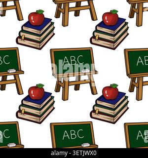 Modèle vectoriel transparent de fournitures scolaires, y compris des piles de livres avec une pomme sur le dessus et un tableau noir avec « ABC » écrit dessus. Illustration de Vecteur