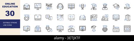 Jeu d'icônes de trait modifiables pour l'éducation en ligne. E-Learning, classe virtuelle, diplôme et illustration vectorielle d'apprentissage à distance Illustration de Vecteur