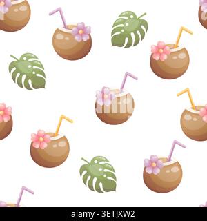 Modèle sans couture avec boisson à la noix de coco et feuilles tropicales Illustration de Vecteur
