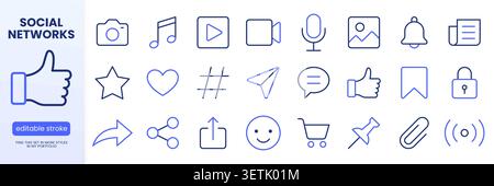 Jeu d'icônes de ligne de médias sociaux. Caméra, bulle de chat, coeur, cloche de notification, illustrations vectorielles de panier. Signes simples pour les réseaux sociaux Internet Illustration de Vecteur