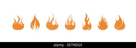 Croquis de feu à la craie. Ensemble de flammes de griffonnage. Icône de gribouillage de cire ou d'autocollant. Illustration vectorielle punk grunge Illustration de Vecteur