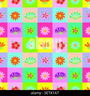 Fleurs stylisées dessinées à la main disposées dans une grille répétitive avec des carrés pastel multicolores lumineux. Illustration de Vecteur