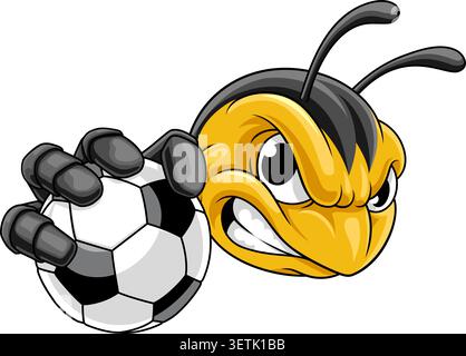 Un personnage de dessin animé mascotte d'abeille, de frelon ou d'insecte de guêpe de football de football tenant une balle. Illustration de Vecteur