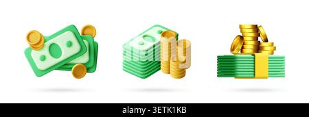 Ensemble d'icônes 3D avec billets de banque en papier vert et piles de pièces d'or. Illustration de monnaie, argent, économie, finance, investissement, épargne, profit, je Illustration de Vecteur