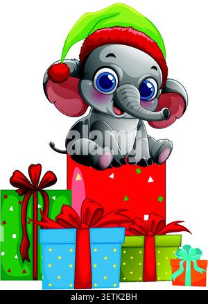 Éléphant de bébé de dessin animé mignon portant chapeau de fête se trouve sur l'illustration vectorielle colorée de boîtes cadeaux. Illustration de Vecteur