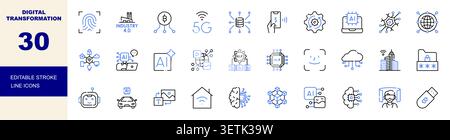 Jeu d'icônes de trait modifiables de transformation numérique. Intelligence artificielle, 5G, industrie 4,0, Blockchain et illustration vectorielle d'automatisation Illustration de Vecteur