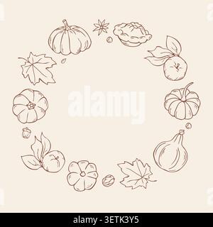 Couronne de citrouille de récolte d'automne et vecteur doodle de cadre rond de Thanksgiving Illustration de Vecteur