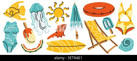Ensemble de cliparts vectoriels d'été minimaliste présentant des éléments de plage, méduses, poissons tropicaux, soleil, parapluie, planche de surf, maillots de bain, popsicle, chaise longue Illustration de Vecteur