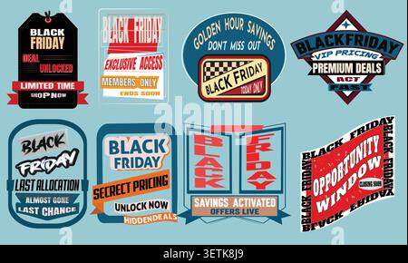 Collection d'étiquettes de soldes du vendredi fou, de badges d'offre exclusive, d'étiquettes de prix VIP et d'autocollants de réduction promotionnels pour les campagnes de marketing de détail. Illustration de Vecteur