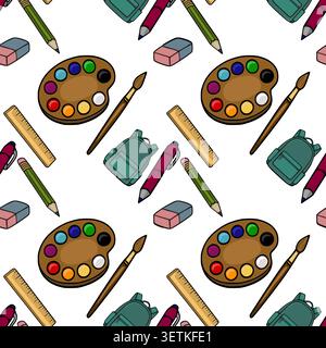 Modèle vectoriel sans couture de fournitures scolaires, y compris une palette de peinture, pinceau, règle, crayon, gomme, et sac à dos. Illustration de Vecteur