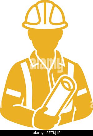 Silhouette jaune illustration d'un travailleur de la construction portant un casque de sécurité et tenant des plans roulés Illustration de Vecteur