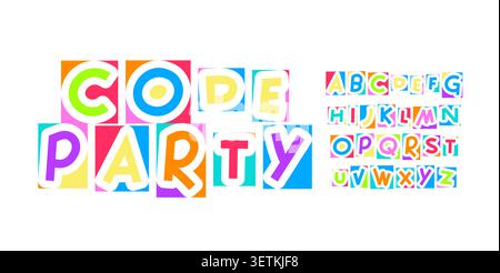 Code Party alphabet de police géométrique coloré, lettres de codage ludiques festives pour logo de jeu d'enfants, affiche d'événement STEM, titre de l'école et plaisir numérique Illustration de Vecteur