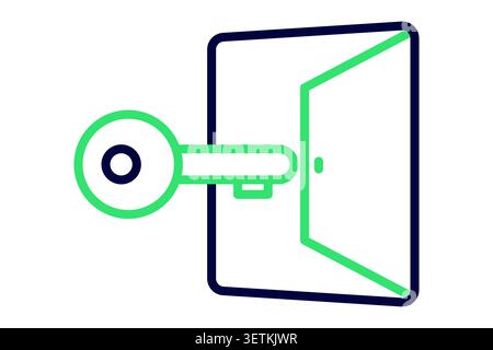 Icône de déverrouillage de ligne potentielle. représentant une clé squelette verte s'insérant dans une porte et l'ouvrant. Illustration de Vecteur