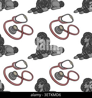 Modèle vectoriel sans couture de caniches gris mignons et stéthoscopes rouges sur fond blanc Illustration de Vecteur