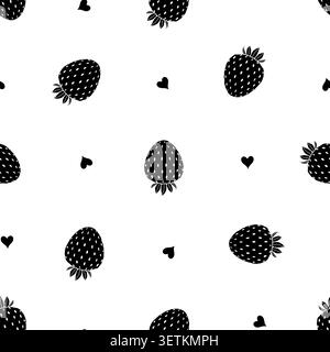 Modèle sans couture avec fraise noire et coeurs. Fond minimaliste de baies vectorielles pour la conception. Illustration de Vecteur