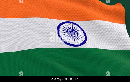 Drapeau national indien agitant doucement, montrant son tricolore vibrant et son chakra ashoka, symbolisant la fierté et l'identité nationales Banque D'Images