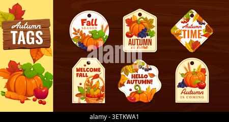 Étiquettes et cartes-cadeaux automne-automne. Feuilles tombantes de dessin animé, paniers de légumes de récolte et de fruits, champignons forestiers, blé, baies étiquettes cadeaux et étiquettes pour le festival d'automne et Thanksgiving Illustration de Vecteur