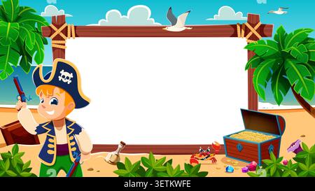 Pirate enfant de dessin animé sur l'île tropicale avec cadre de bannière. Corsair garçon mignon souriant dans le costume bleu de capitaine tenant le pistolet. Panneau de signalisation en bois, coffre au trésor et crabe pour invitation à la fête de pirate. Illustration de Vecteur